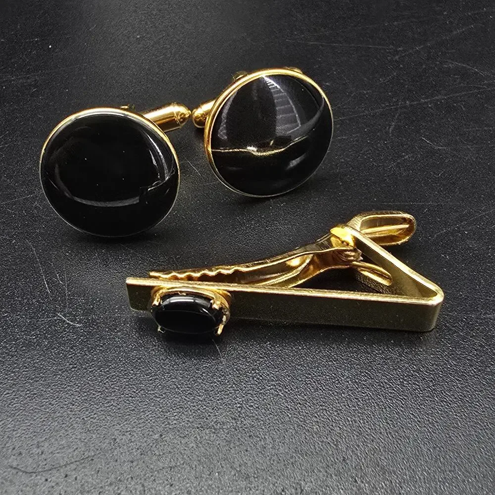Gold Tone Black Enamel Round Cufflinks Tie Clip Tie Bar Set